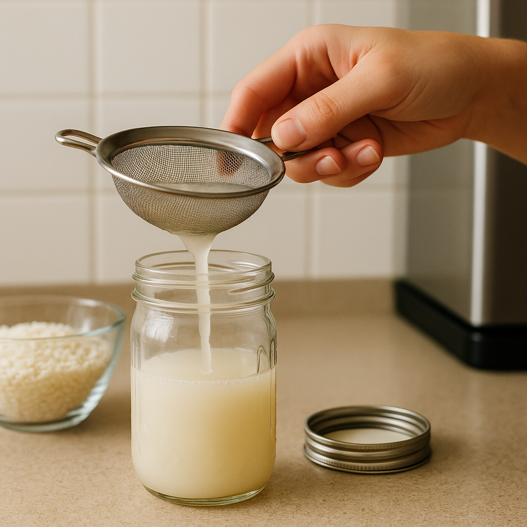 Rice-water rinse timing (and why mine lives in a jam jar)
