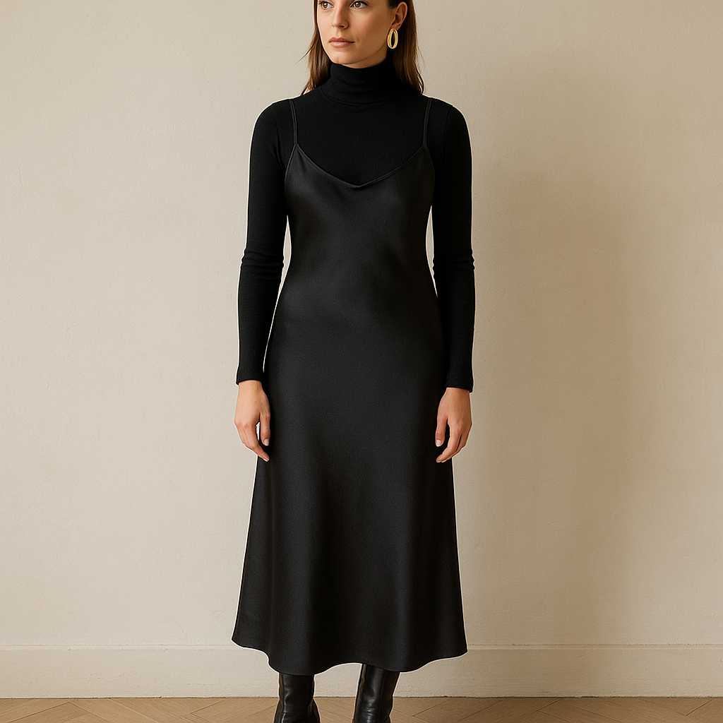 The merino turtleneck under a slip dress (yes, still sleek)