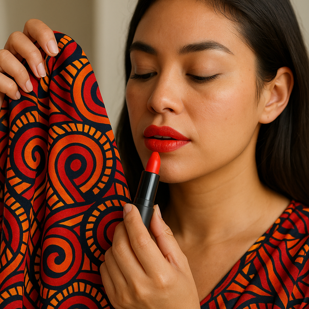 Coral red lipstick that survives loud prints