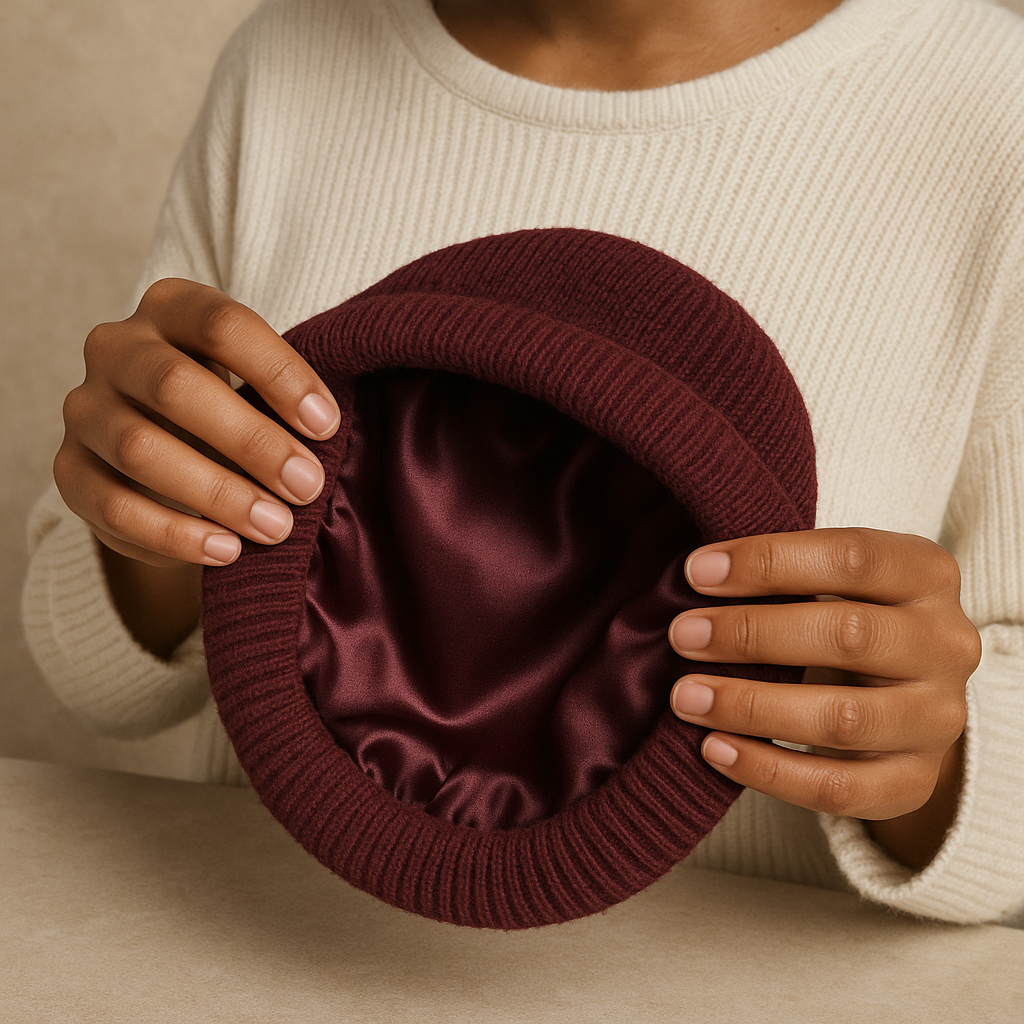 Satin-lined beanie season starts before the cold does