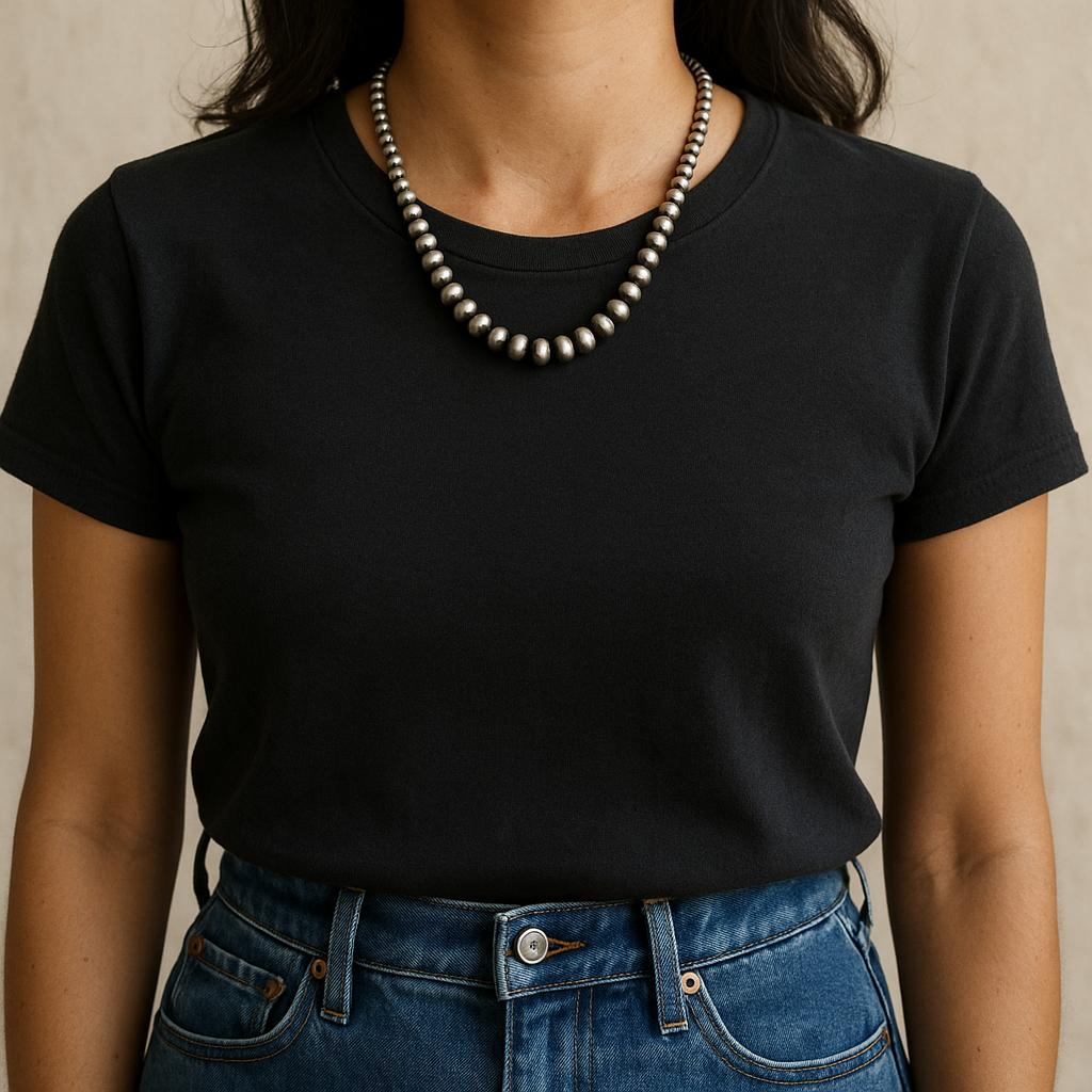 Navajo pearls with a plain tee (and why I skip the tiny layers)